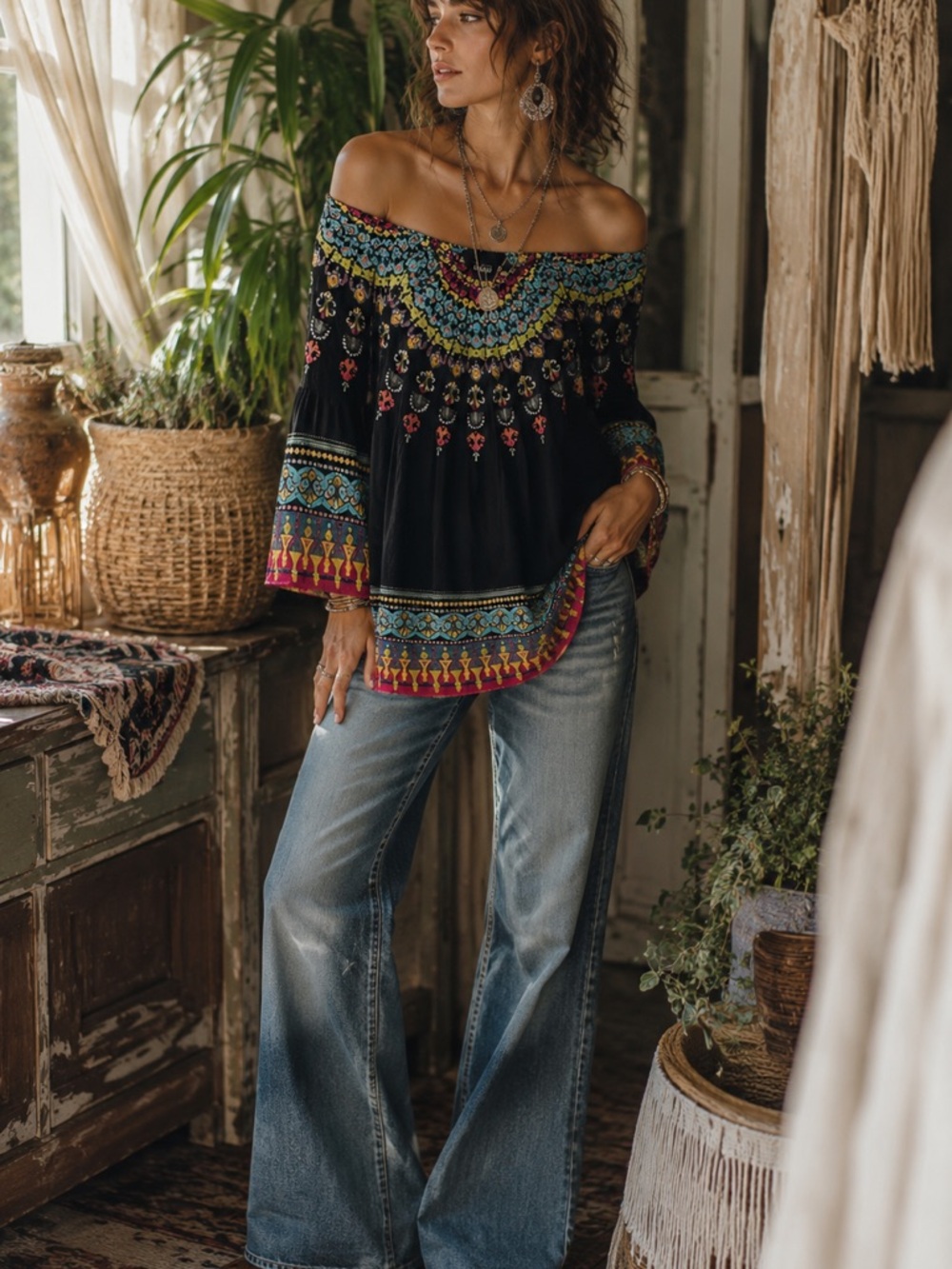Ali Miles Embroidered Folk Boho Tunic Blouse | Large